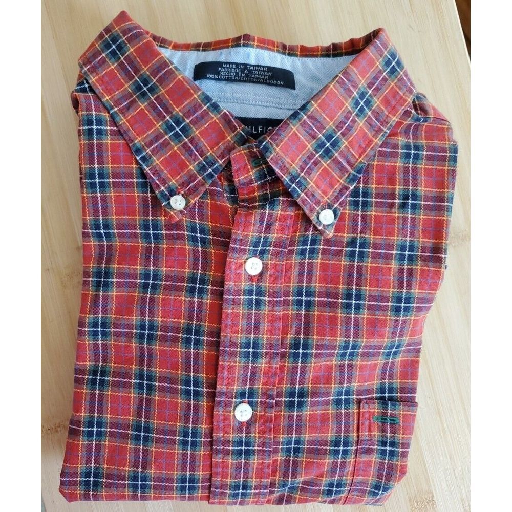 Tommy Hilfiger Mens Shirt Sz XL Red Plaid Patch All American Crest L/S Button